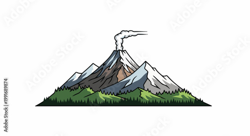 Stylized mountain range with a smoking volcano in the center