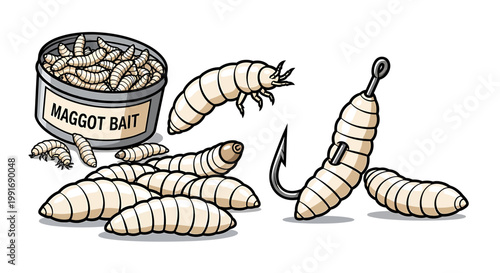 Maggots on a fishing hook bait.