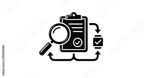 Magnifying Glass Examines Clipboard with Check Mark Symbol.