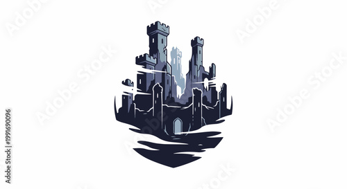 Stylized pixel art of a dilapidated medieval fortress with multiple towers under a bright sky