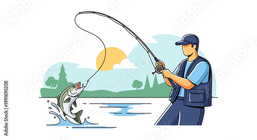 Man catching big fish with rod.