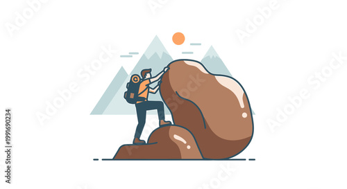 Man pushing large boulder uphill alone.
