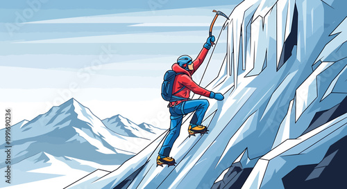 Man climbing ice wall mountain peak.
