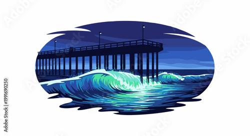 Stylized pixel art of a pier at night with crashing waves