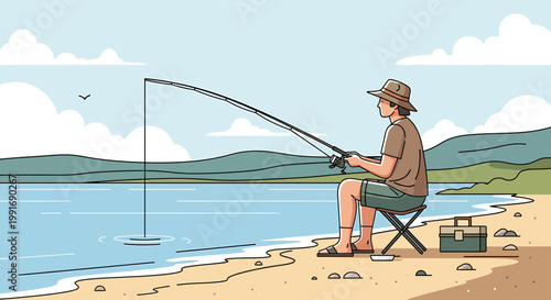 Man sitting on beach fishing rod.