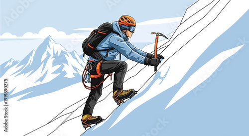 Man climbing snowy mountain with ice axe.