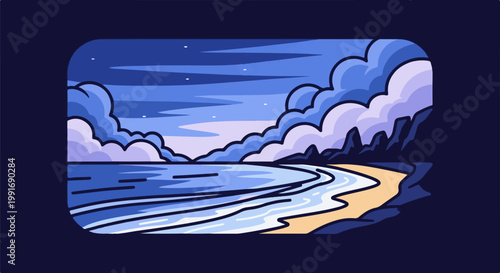 Stylized pixel art of a tranquil night beach with calm waters and clouds