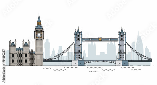 Stylized illustration of London's iconic landmarks, Parliament and Tower Bridge