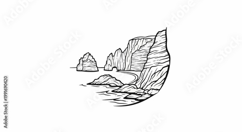 Stylized illustration of rocky coastline with sea arch and rock formations
