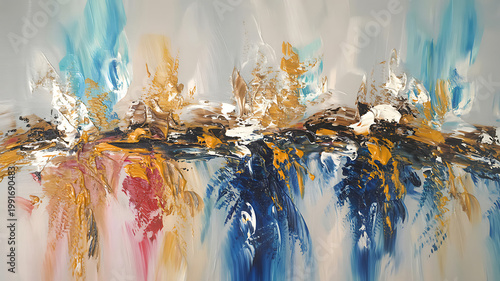 Vibrant abstract painting with expressive brushstrokes in shades of blue, gold, white, and red on a textured background