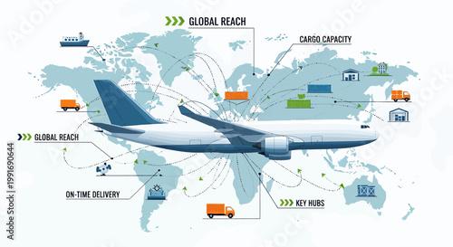 Modern Airplane Flying Over World Map Illustrating Global Reach.