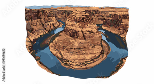 Stylized, pixelated depiction of a horseshoe-shaped river bend cutting through arid canyons