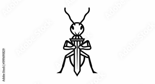 Stylized insect holding a dagger, black and white line art