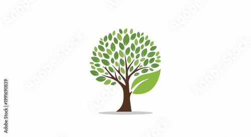Stylized green tree with a circular canopy of leaves and a large side leaf