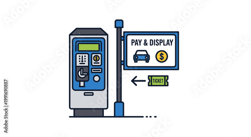 Modern parking meter machine with pay and display sign.