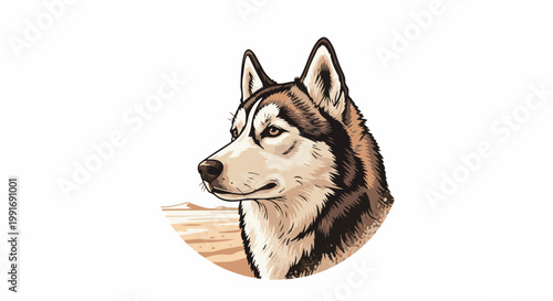 Stylized portrait of a husky dog with piercing eyes and sandy terrain