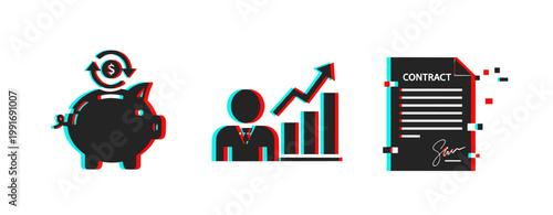 Finance growth icons with piggy bank, businessman, and contract in 3d effect