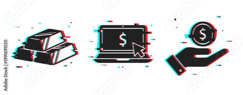 Glitch graphic with gold bars, laptop, and coin in hand iconography