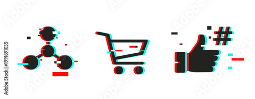 Digital glitch art of network, shopping cart, and thumbs up icons with hashtag