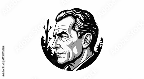 Stylized portrait of a man's profile in a forest setting