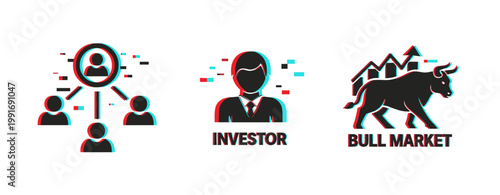 Business strategy icons: networking, investor, bull market symbols