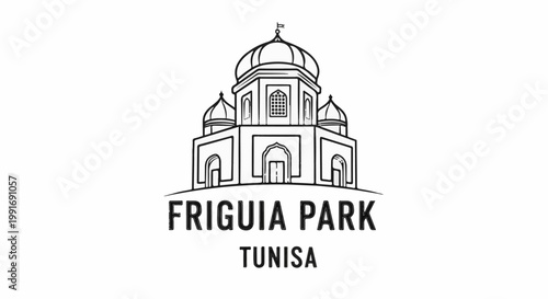 Stylized line drawing of a domed building with Arabic influences and location text