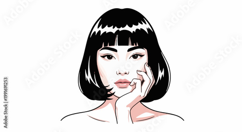 Stylized portrait of a woman with short black hair and contemplative expression