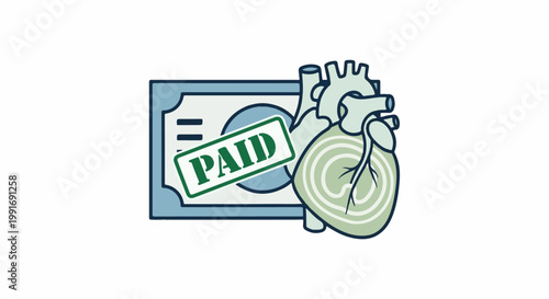 Stylized human heart with a bill stamped 'PAID' in green