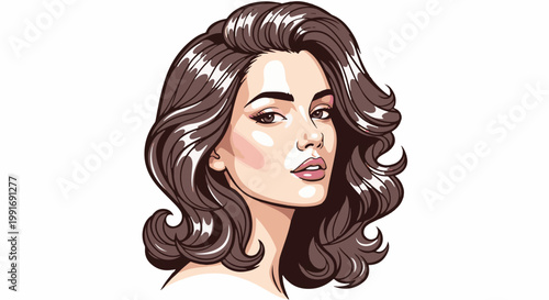 Stylized portrait of a woman with voluminous brown hair and striking makeup