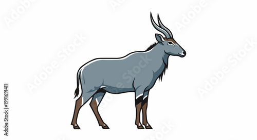 Stylized illustration of a blue antelope with long, curved horns and brown legs