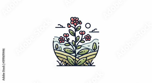 Stylized illustration of a blooming plant in a scenic landscape