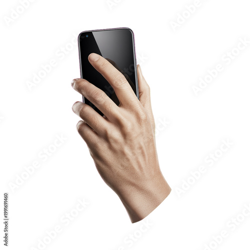 Closeup of a hand holding a modern smartphone isolated on transparent background
