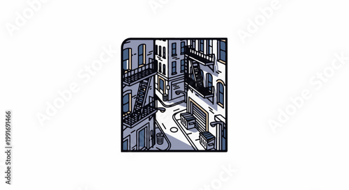 Stylized isometric view of an urban alley with fire escapes and garages