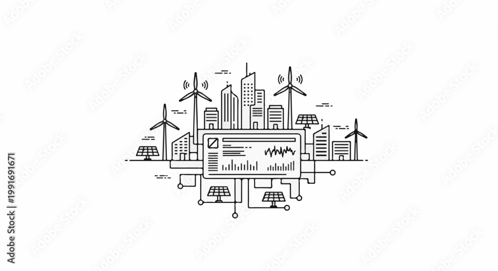 Fototapeta premium Stylized city with renewable energy sources and data analytics