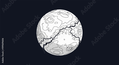 Stylized depiction of a celestial body with topographical lines and a dark border