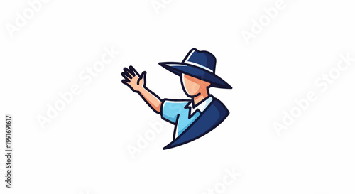 Stylized figure in a hat waves hello