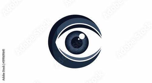Stylized eye with dark blue iris and surrounding curves on white background