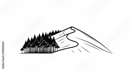 Stylized depiction of a conical mountain peak adorned with a forest