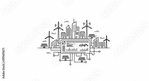 Stylized city with renewable energy sources and data analytics