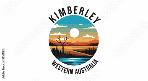 Stylized circular landscape with arid mountains, river, and tree