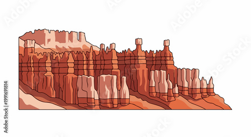 Stylized illustration of a canyon with towering hoodoos and layered rock formations