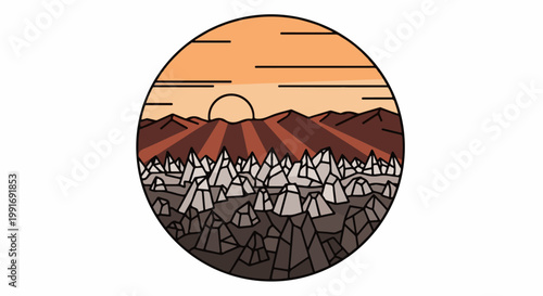 Stylized circular landscape with a sunburst over jagged mountains and crystal formations