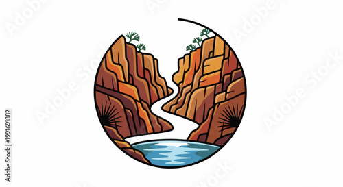 Stylized circular depiction of a winding river through a rocky canyon