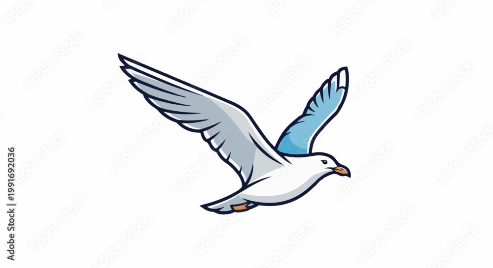 Fototapeta premium Stylized cartoon seagull with wings spread in flight, blue wing tips