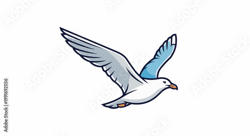 Stylized cartoon seagull with wings spread in flight, blue wing tips