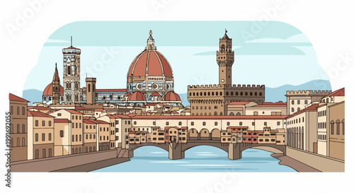 Stylized cartoon sketch of a famous Italian city skyline with river and bridge