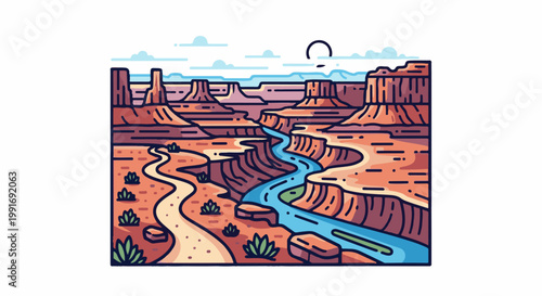 Stylized desert canyon with a winding river and a path under a hazy sun