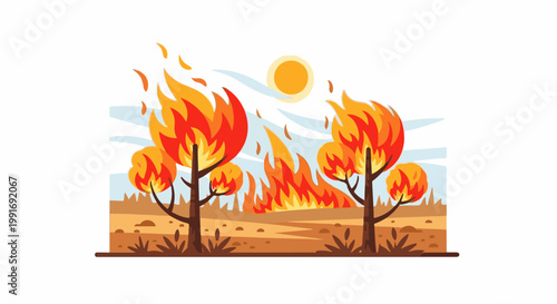 Stylized cartoon of trees ablaze under a hot sun, with flames
