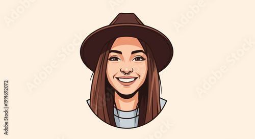Stylized cartoon portrait of a smiling young woman with a hat
