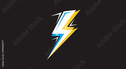 Stylized lightning bolt graphic with white, blue, and yellow accents on black